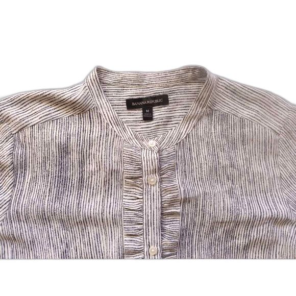Banana Republic Striped Button Down Tuxedo Ruffles Long Sleeve High Neck Medium - Picture 5 of 6